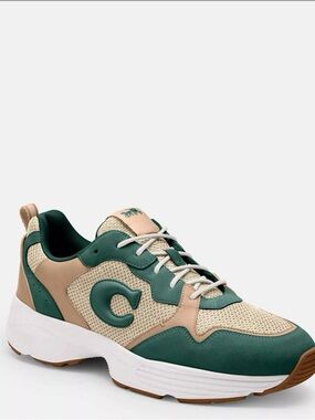 Coach Men's Green and Tan Mesh-Layered Sneakers